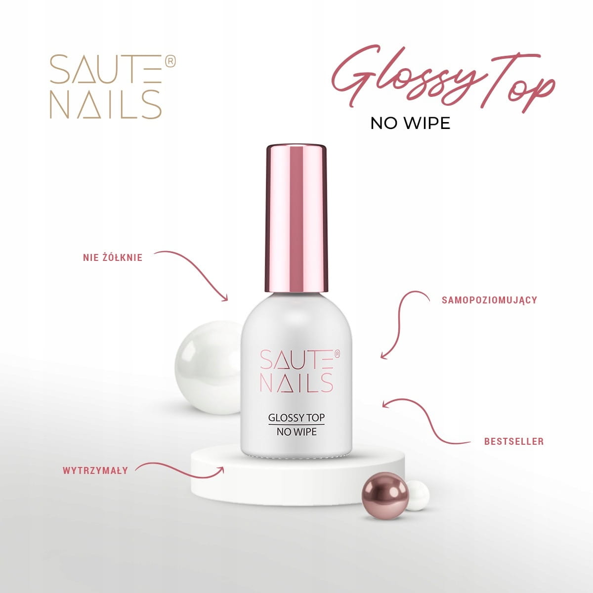 Saute Nails Glossy Top No Wipe – błyszczący top hybrydowy 8 ml